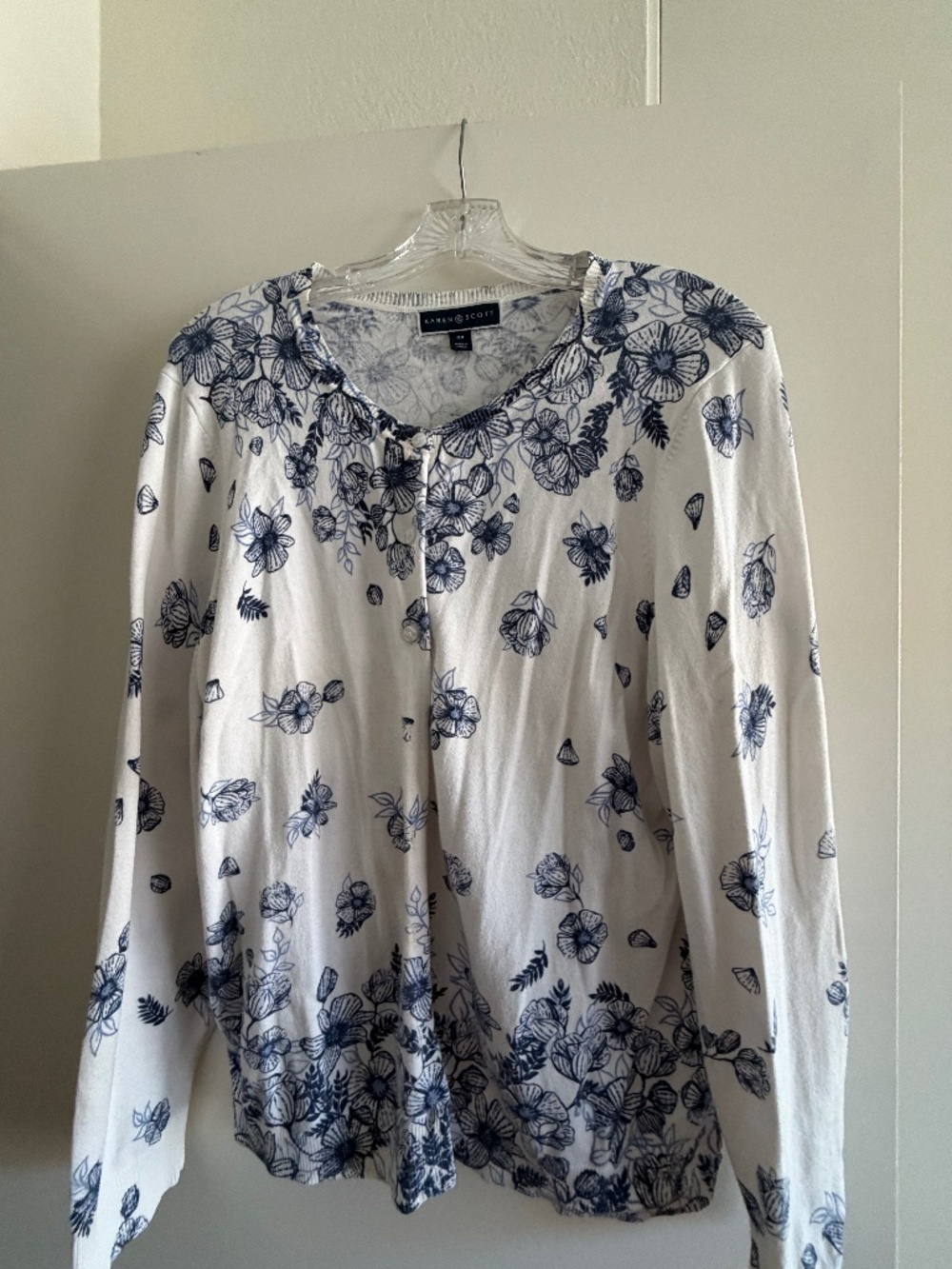 Karen Scott Floral Cardigan Sweater White/Navy
